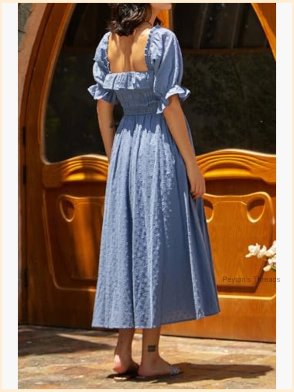 Square Neck Midi Dress Puff Sleeve Smocked Elastic Waist - Picture 7 of 7